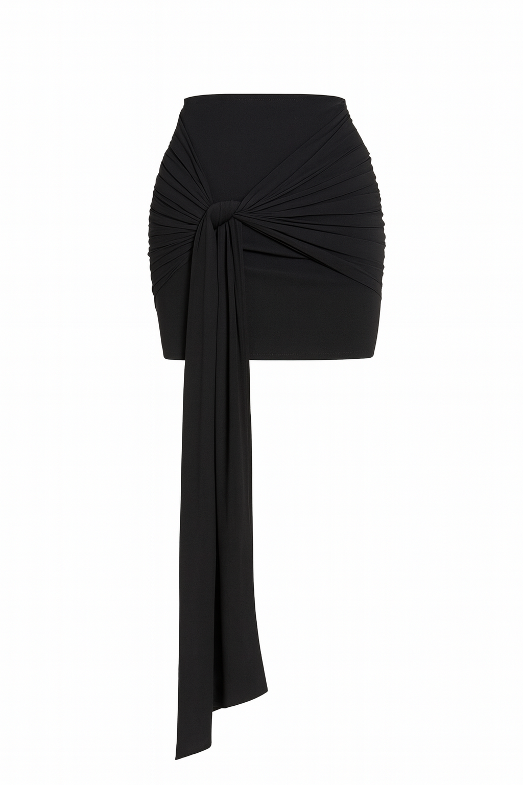 Black Microfiber Skirt with Drapped Tail in front of