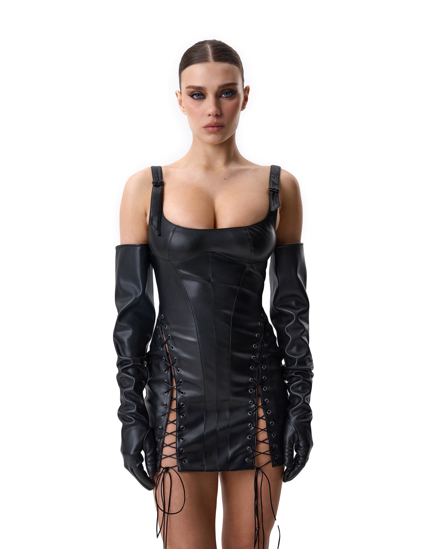Black Dress Eco-Leather with Gloves