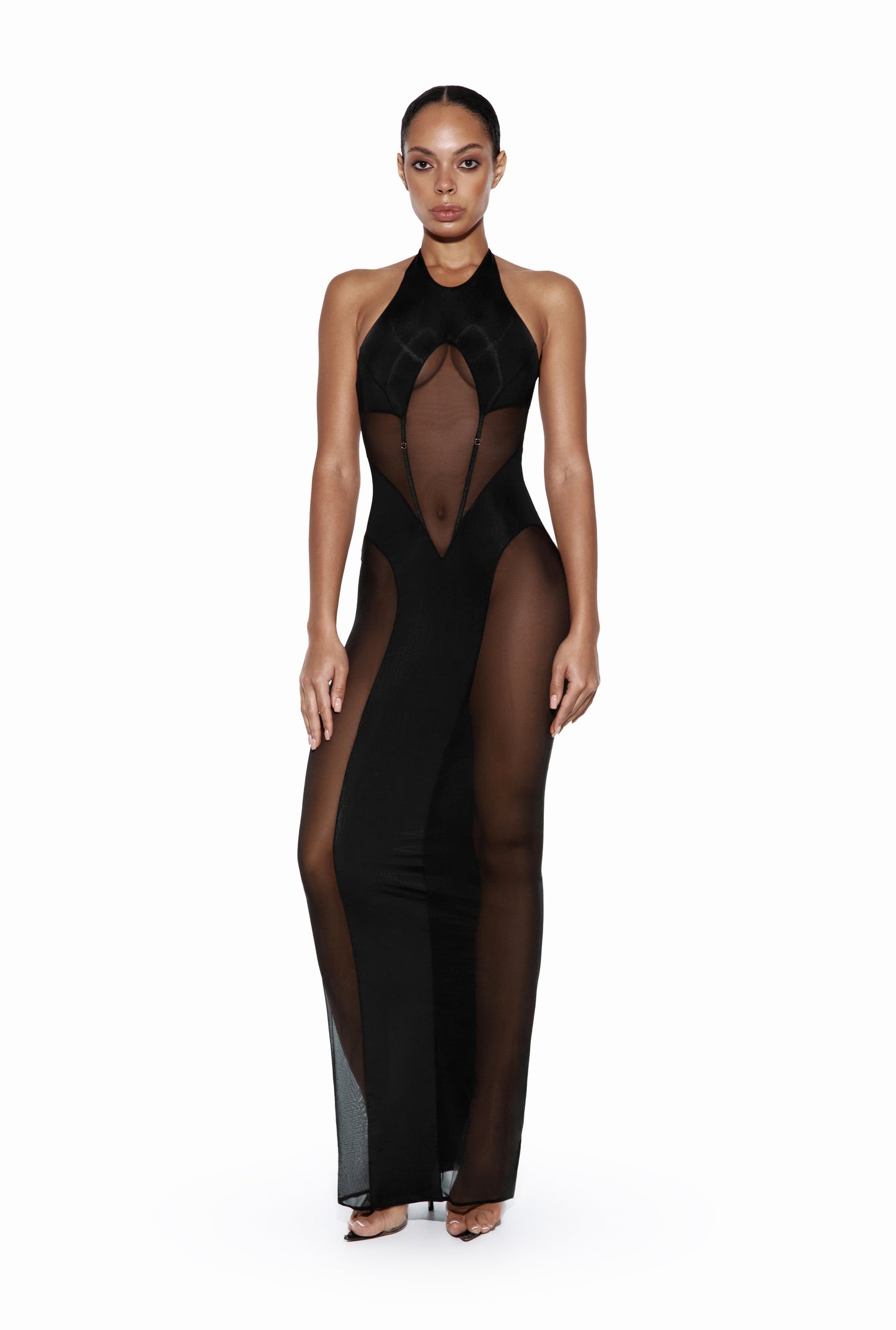 DVNT Black Halter Maxi Dress with Mesh Inserts — SILHOUETTE
