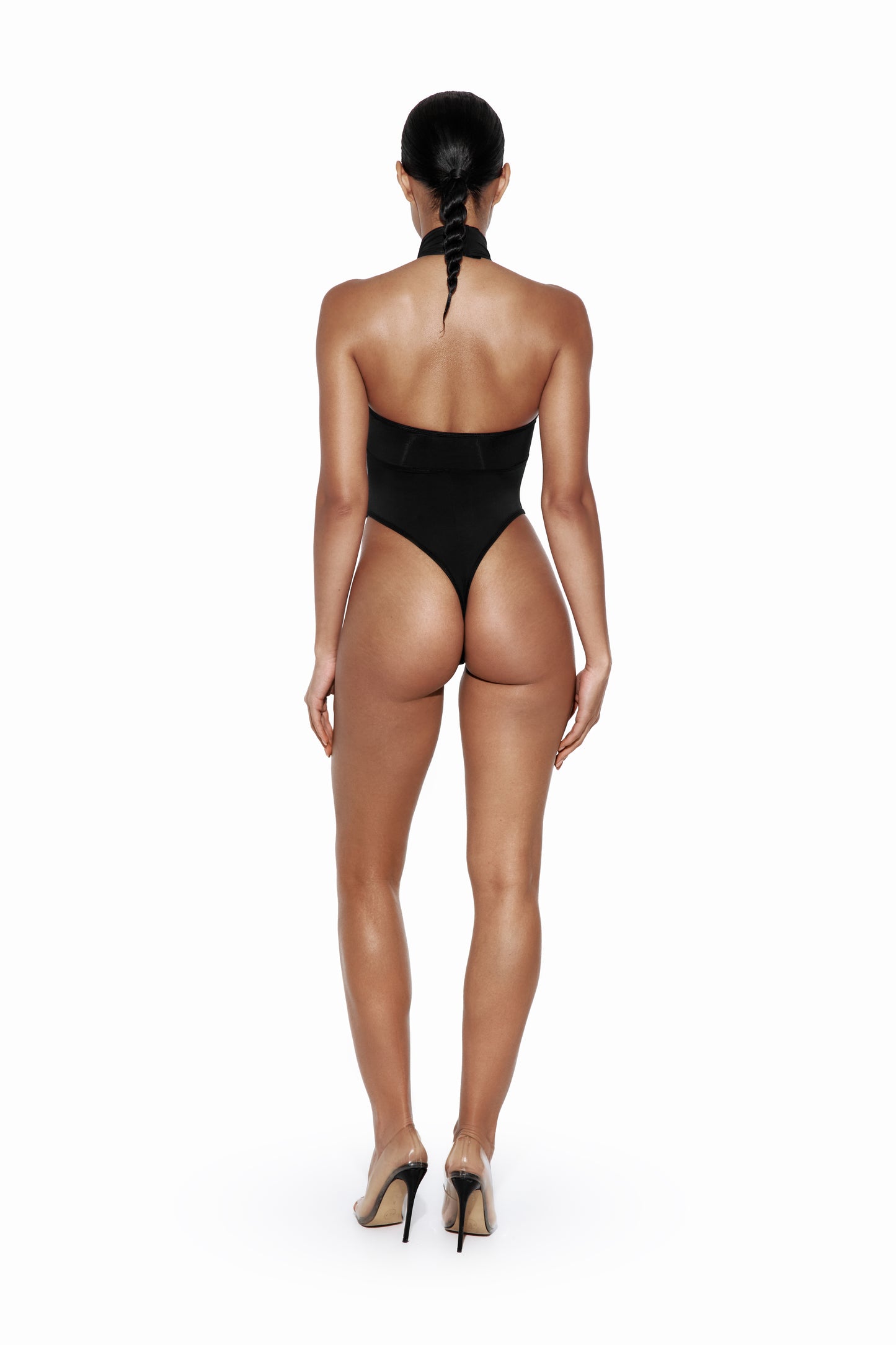 DVNT Black Halter Bodysuit with Mesh Cutout AXIS