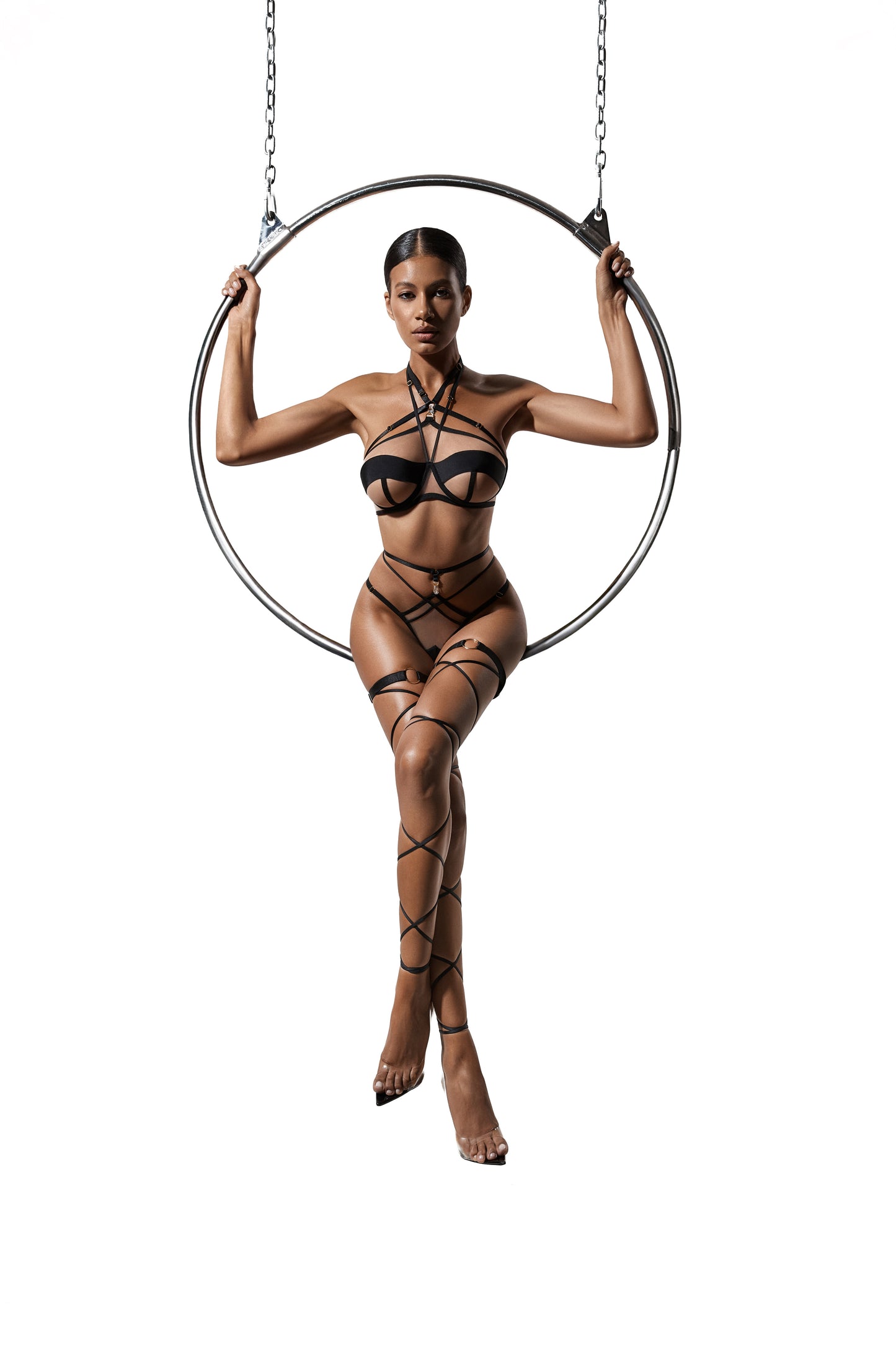 Elegant Strappy Lingerie Set - Black Mesh and Silk