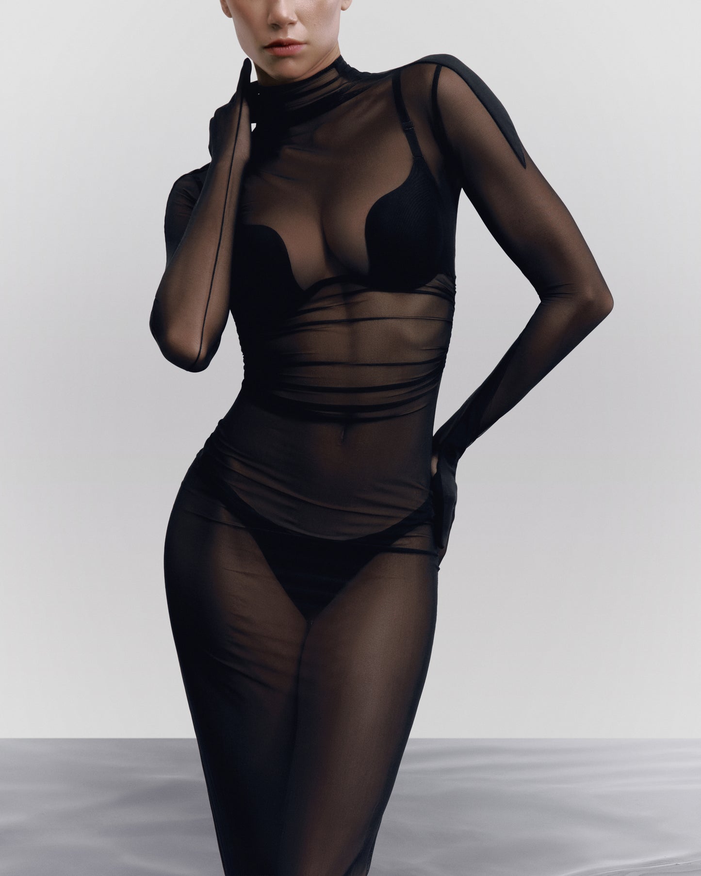 DVNT Sheer Mesh Maxi Dress with Glove Sleeves ILLUSION