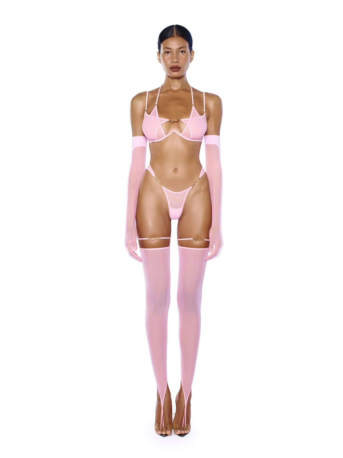 DVNT Barbie Pink Sheer Mesh Lingerie Set with Strappy Bra and High-Cut Thong LOLA