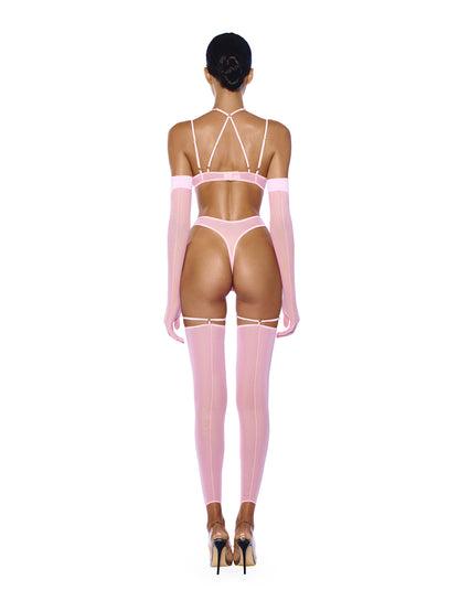 DVNT Barbie Pink Sheer Mesh Lingerie Set with Strappy Bra and High-Cut Thong LOLA