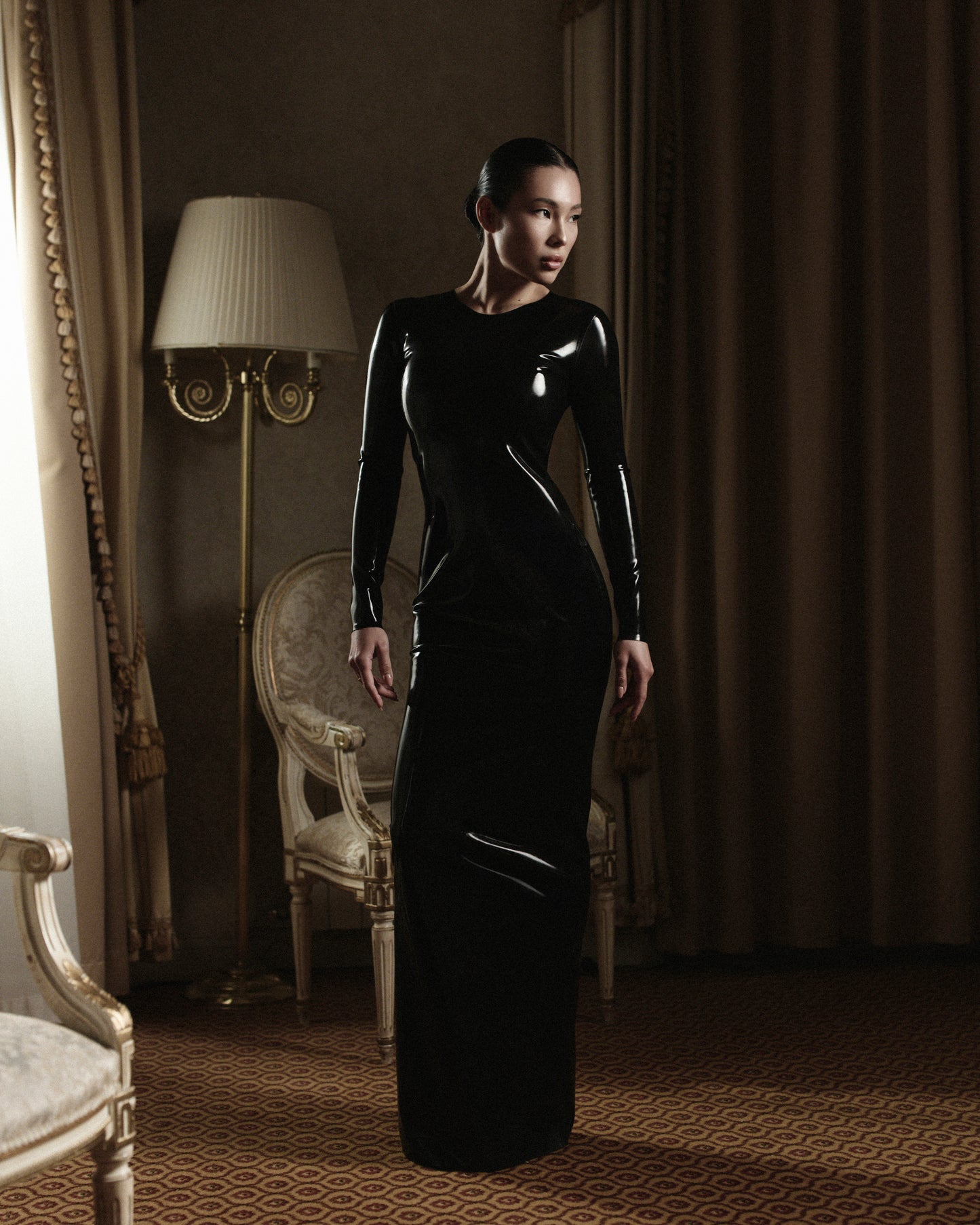 DVNT Black Latex Open-Back Lace-Up Maxi Dress