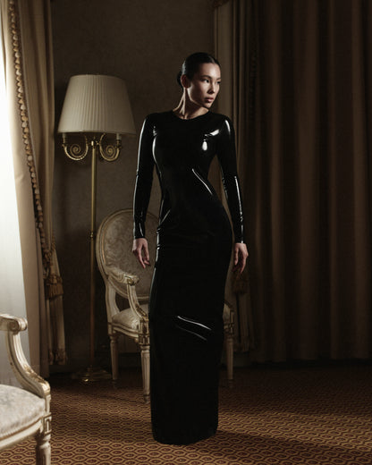 DVNT Black Latex Open-Back Lace-Up Maxi Dress