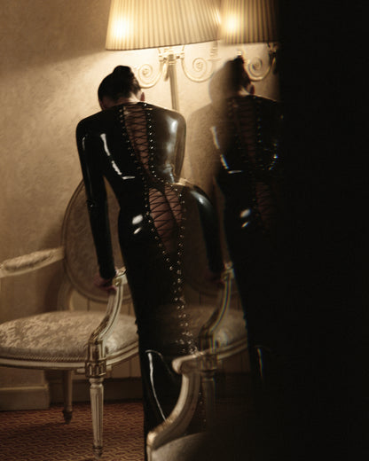 DVNT Black Latex Open-Back Lace-Up Maxi Dress