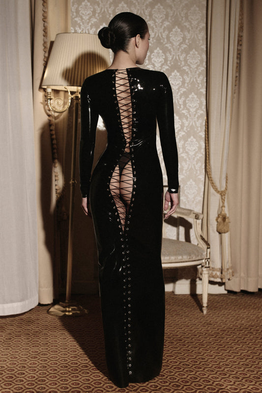 DVNT Black Latex Open-Back Lace-Up Maxi Dress