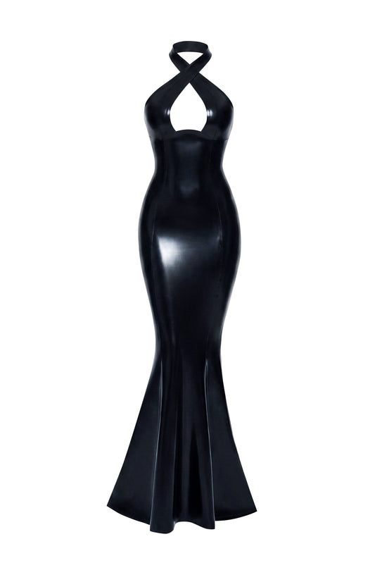 DVNT Black Latex Halter Maxi Dress NOCTRA