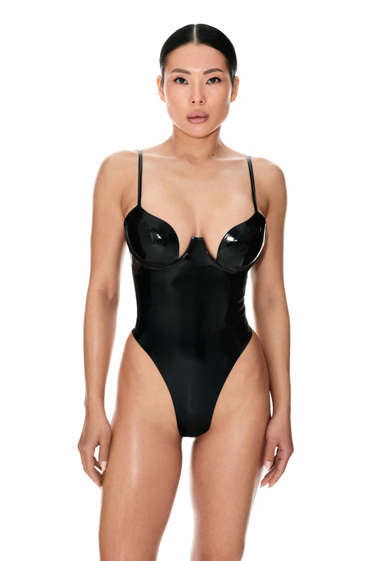 DVNT Black Latex Sculpted Bodysuit — NYRA