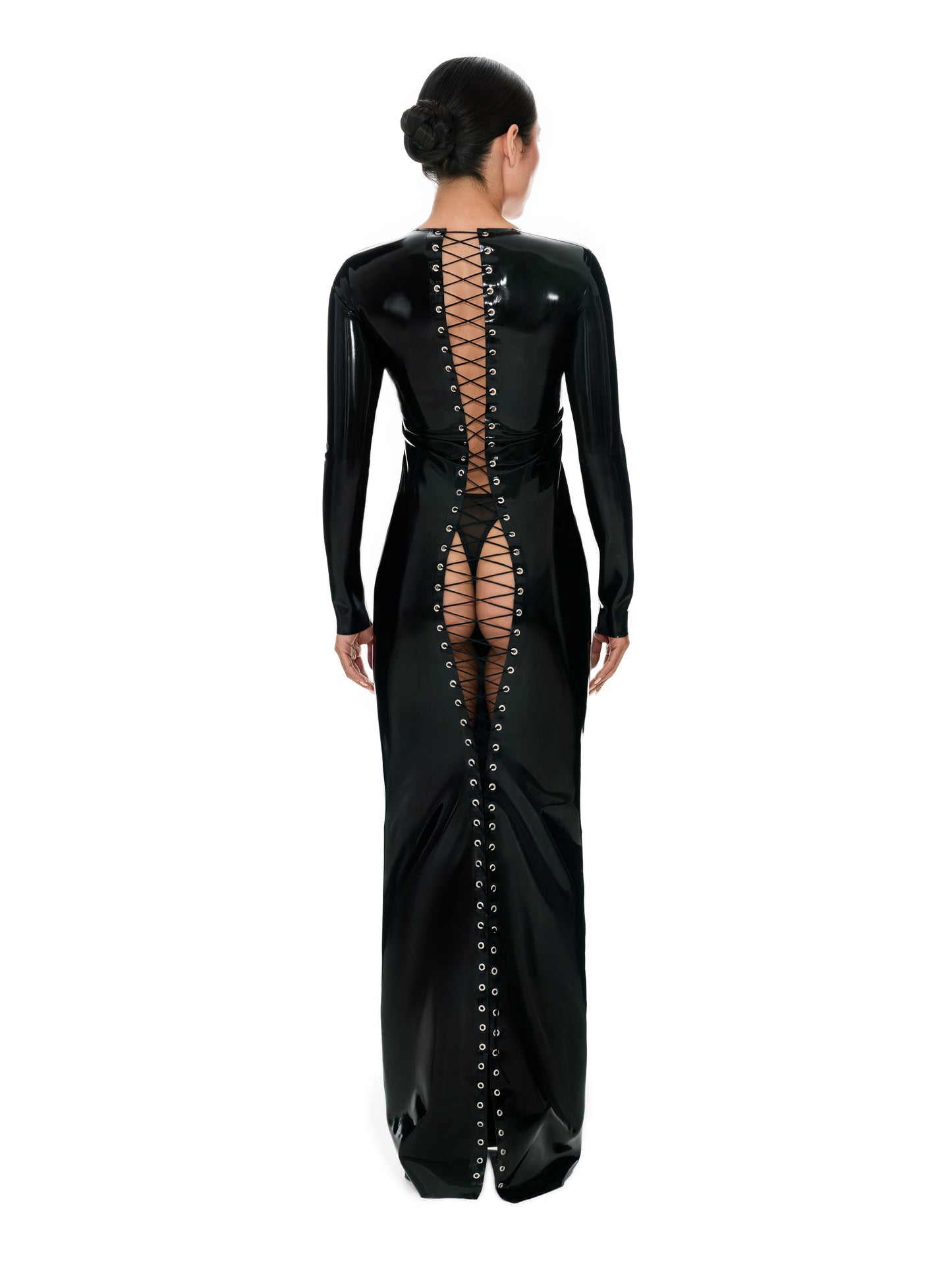 DVNT Black Latex Open-Back Lace-Up Maxi Dress