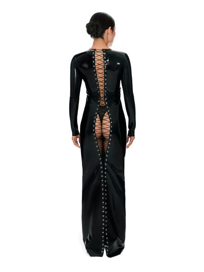 DVNT Black Latex Open-Back Lace-Up Maxi Dress