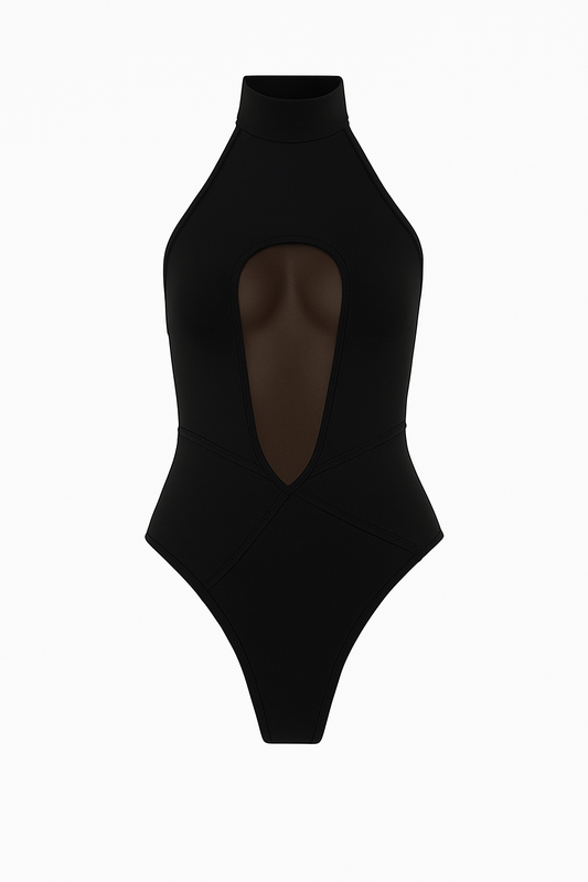 DVNT Black Halter Bodysuit with Mesh Cutout AXIS