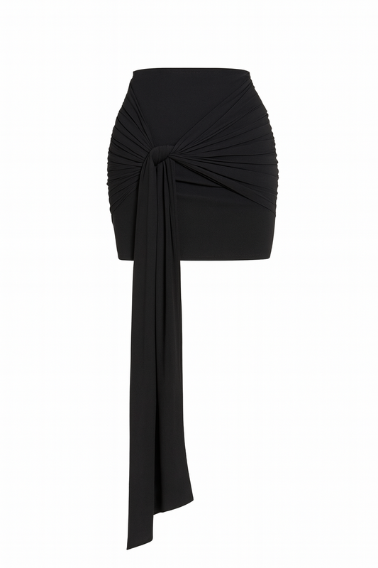 Black Microfiber Skirt with Drapped Tail in front of
