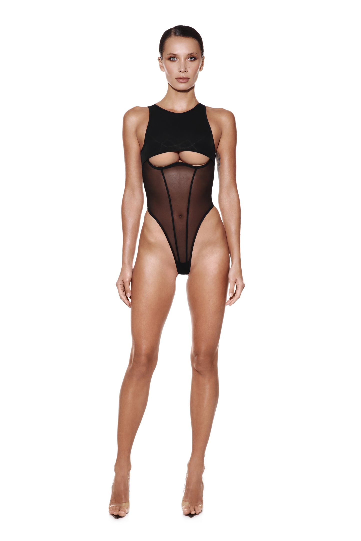 DVNT Black Halter Bodysuit with Mesh Cutout — CORE