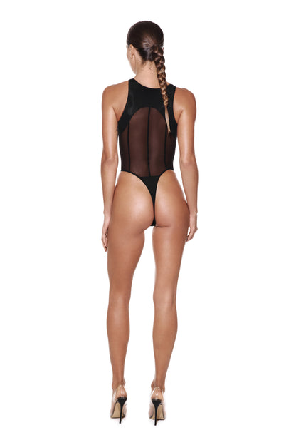 DVNT Black Halter Bodysuit with Mesh Cutout — CORE