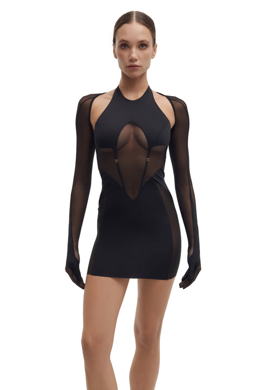 DVNT Sheer Panel Mini Dress with gloves NYX