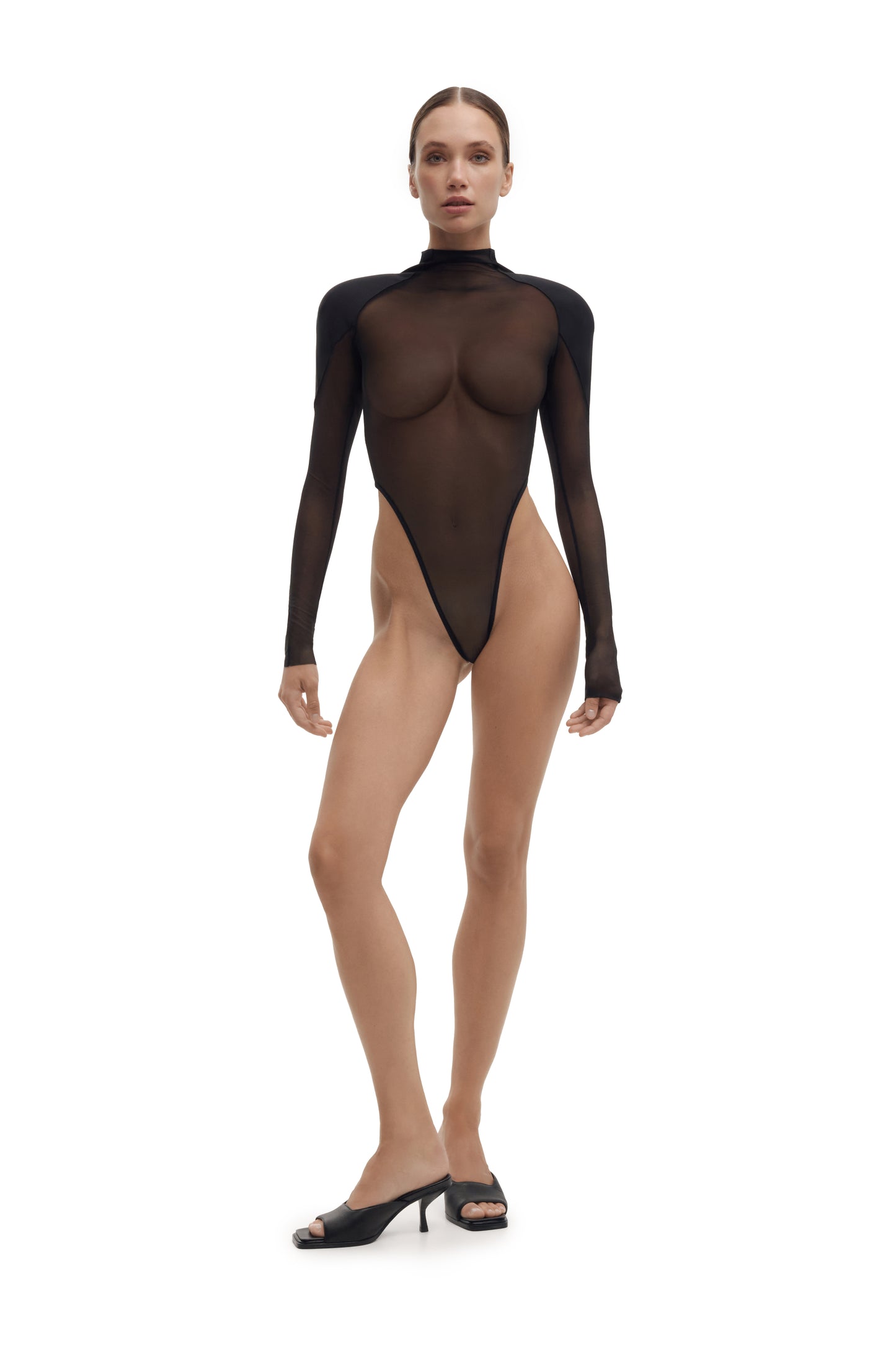 DVNT Sheer Mesh Bodysuit with Structured Shoulders SHADE