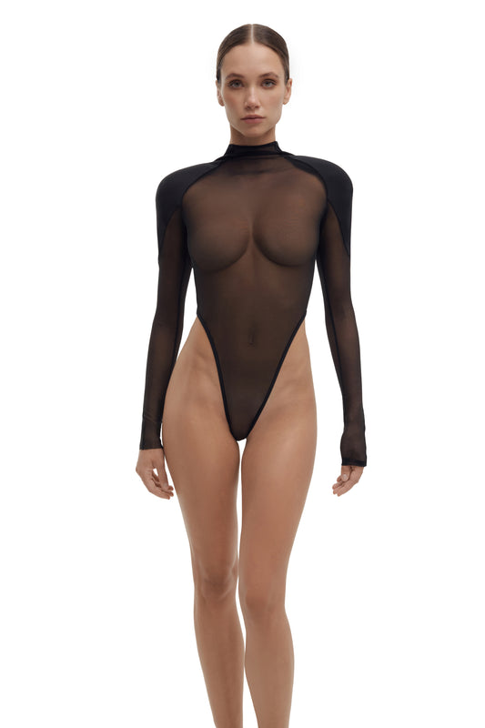 DVNT Sheer Mesh Bodysuit with Structured Shoulders SHADE