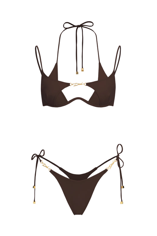 DVNT Brown Swimsuit Set with Thong Bottoms & Signature Hardware — LOLLY