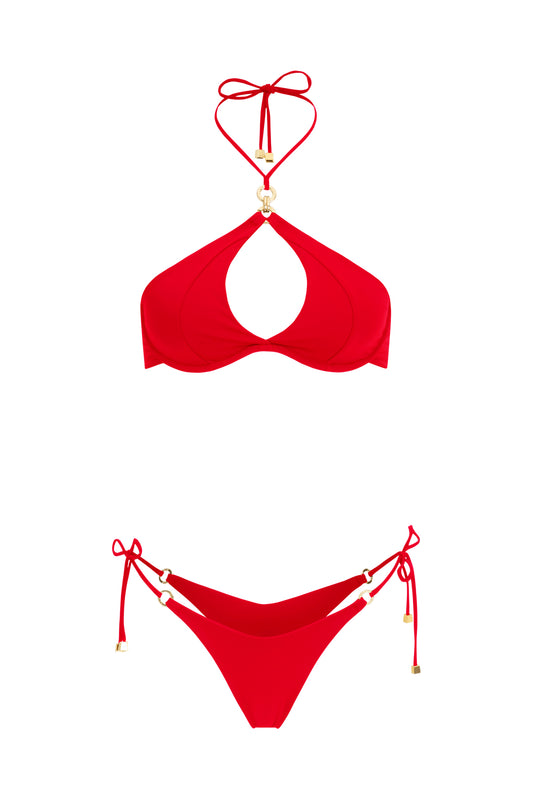 DVNT Red Swimsuit Cut-Out Bikini with Signature Hardware — Marry