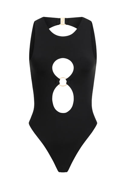 One-Piece Black Swimsuit with Unique neckline Cut-Outs