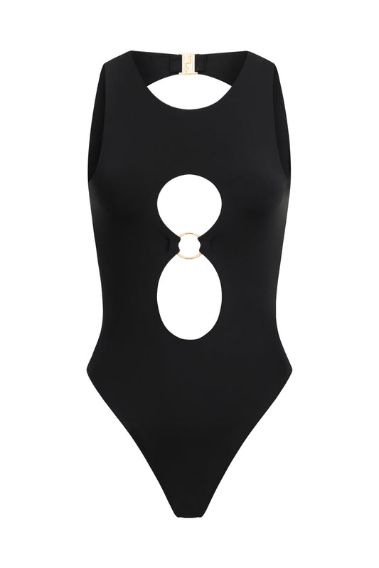 One-Piece Black Swimsuit with Unique neckline Cut-Outs