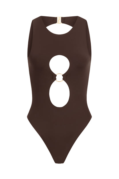 One-Piece Brown Swimsuit with Unique neckline Cut-Outs