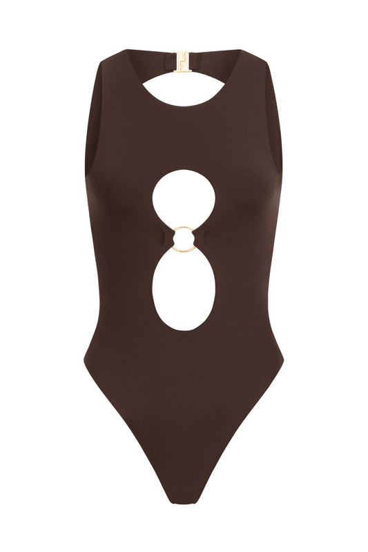 One-Piece Brown Swimsuit with Unique neckline Cut-Outs