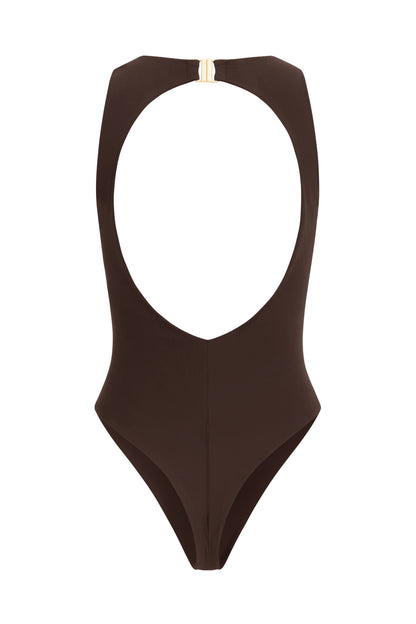 One-Piece Brown Swimsuit with Unique neckline Cut-Outs