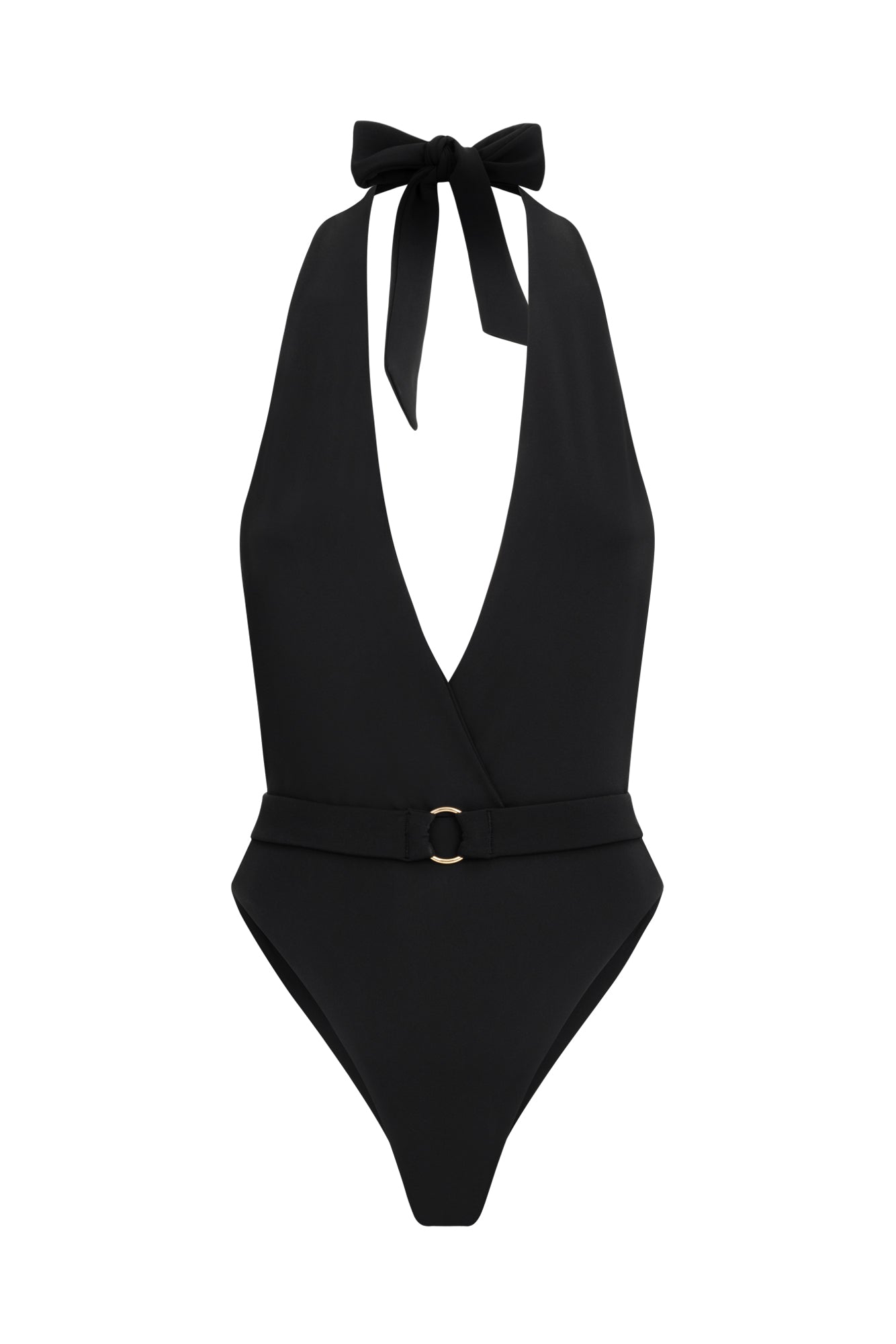 Black one-piece swimsuit with plunging neckline and belt