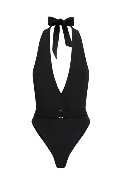 Black one-piece swimsuit with plunging neckline and belt