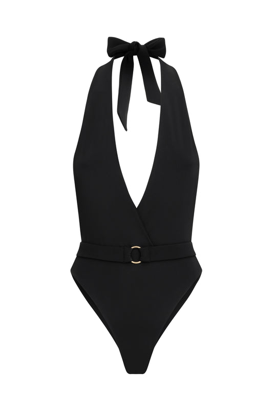 Black one-piece swimsuit with plunging neckline and belt