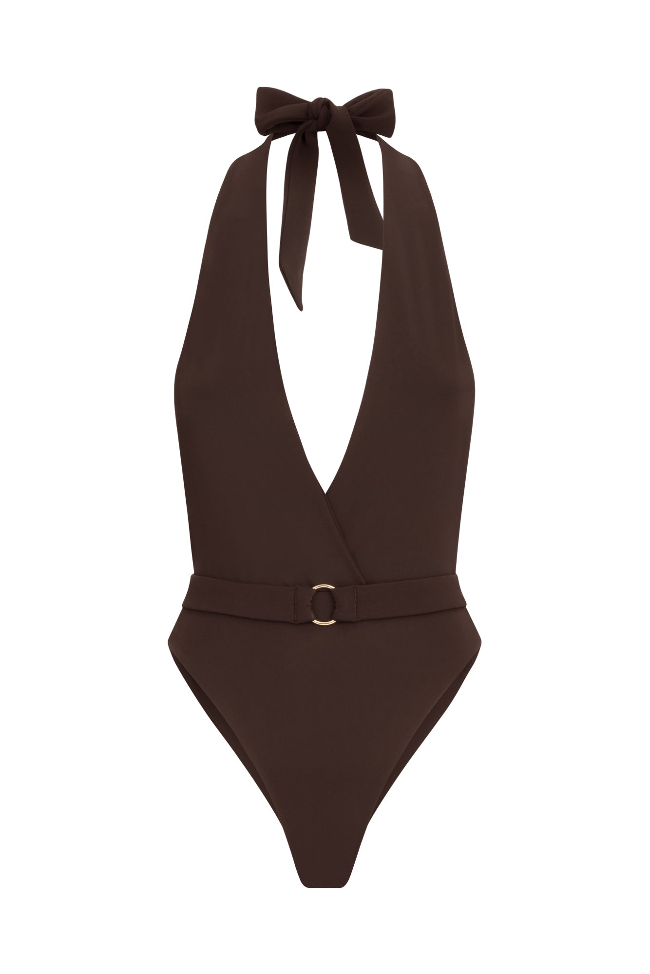 Brown one-piece swimsuit with plunging neckline and belt