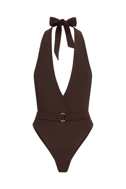 Brown one-piece swimsuit with plunging neckline and belt