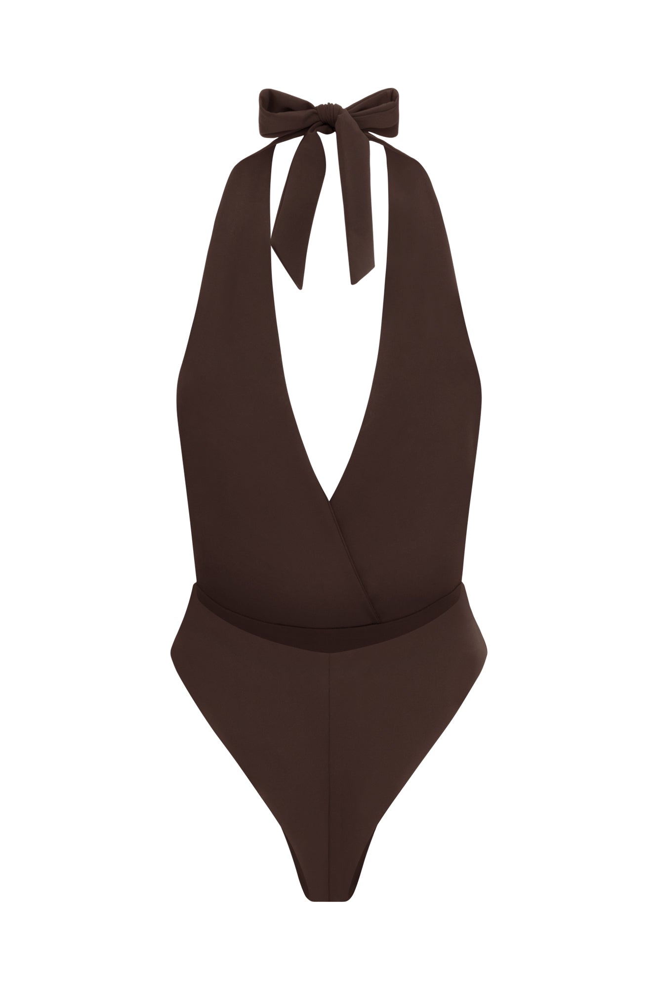 Brown one-piece swimsuit with plunging neckline and belt