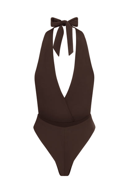 Brown one-piece swimsuit with plunging neckline and belt