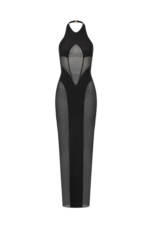 DVNT Чорна максі-сукня з горловиною та сітчастими вставками — SILHOUETTE