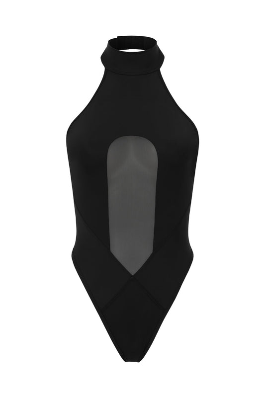 DVNT Black Halter Bodysuit with Mesh Cutout AXIS