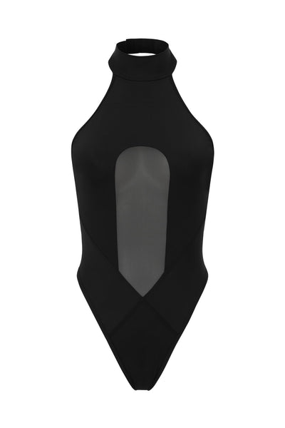 DVNT Black Halter Bodysuit with Mesh Cutout AXIS