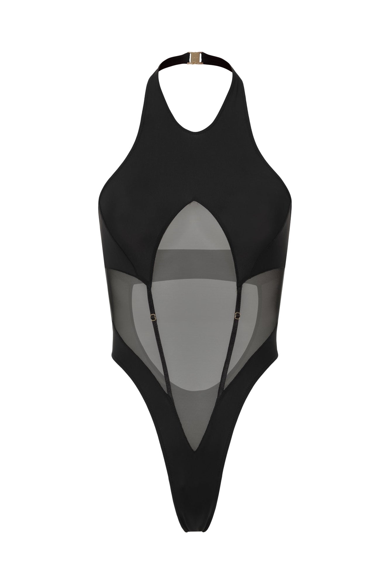 DVNT Black Halter Bodysuit with Mesh Cutout — VERTEX