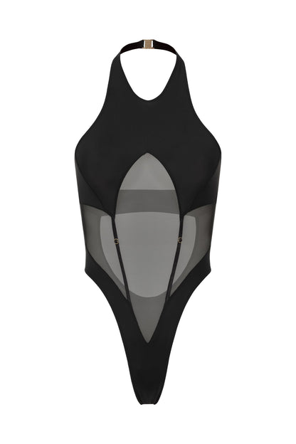 DVNT Black Halter Bodysuit with Mesh Cutout — VERTEX