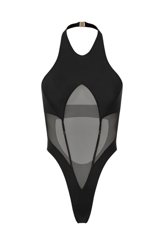 DVNT Black Halter Bodysuit with Mesh Cutout — VERTEX