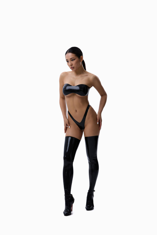 DVNT Black  Latex Bondage Top V-Cut Panties