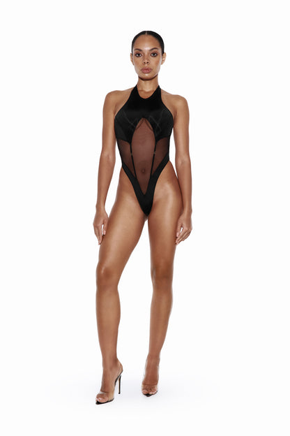 DVNT Black Halter Bodysuit with Mesh Cutout — VERTEX