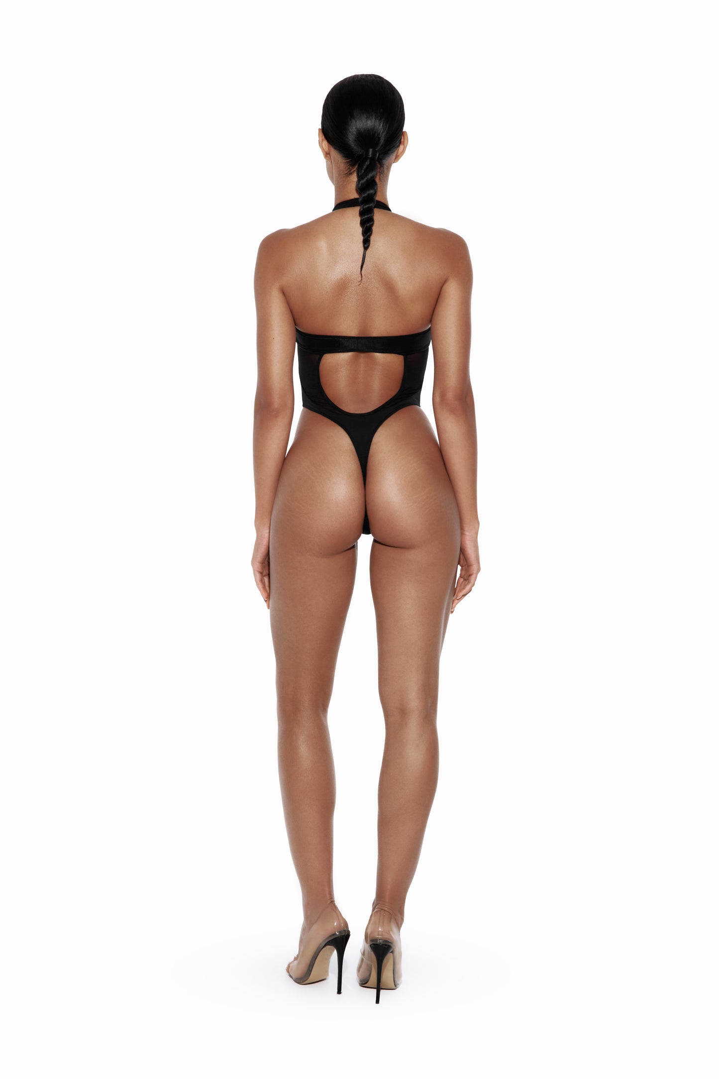DVNT Black Halter Bodysuit with Mesh Cutout — VERTEX