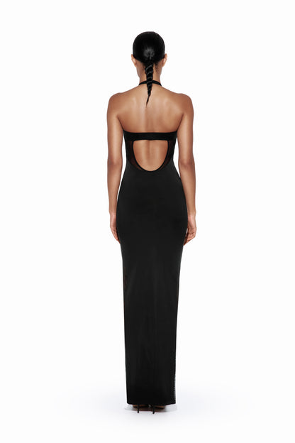 DVNT Чорна максі-сукня з горловиною та сітчастими вставками — SILHOUETTE