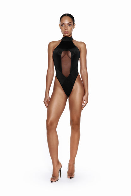 DVNT Black Halter Bodysuit with Mesh Cutout AXIS