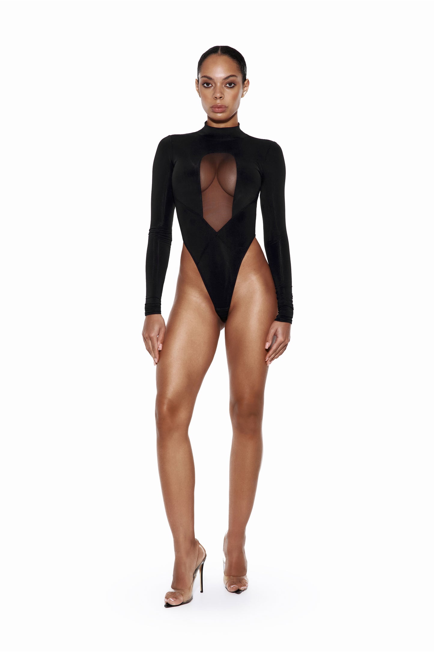 DVNT Black Long Sleeve Bodysuit with Central Mesh Insert — COLUMN