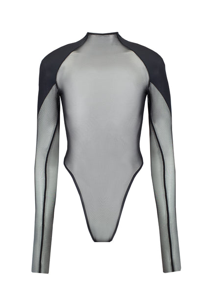 DVNT Sheer Mesh Bodysuit with Structured Shoulders SHADE